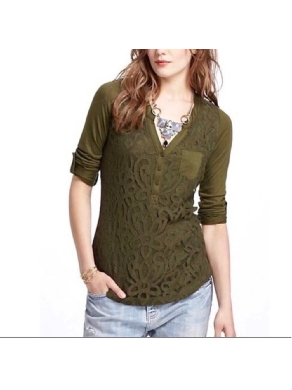 Anthropologie Vanessa Virginia Olive Green Lace Front Roll Sleeve Top Large